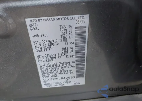 2015 Nissan Rogue S/Sl/Sv из США, поврежденный, VIN 5N1AT2MV4FC842663